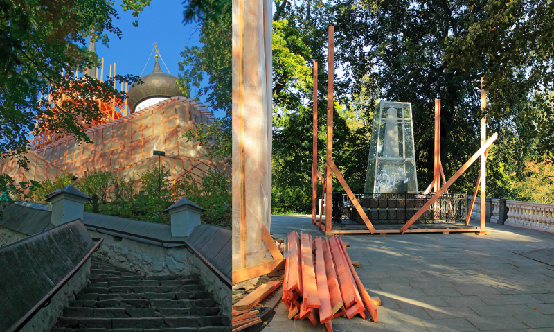 Left: the steps leading to the Holy Assumption Monastery; Right: the grave of Pushkin under maintenance beside the main building of the Monastery
