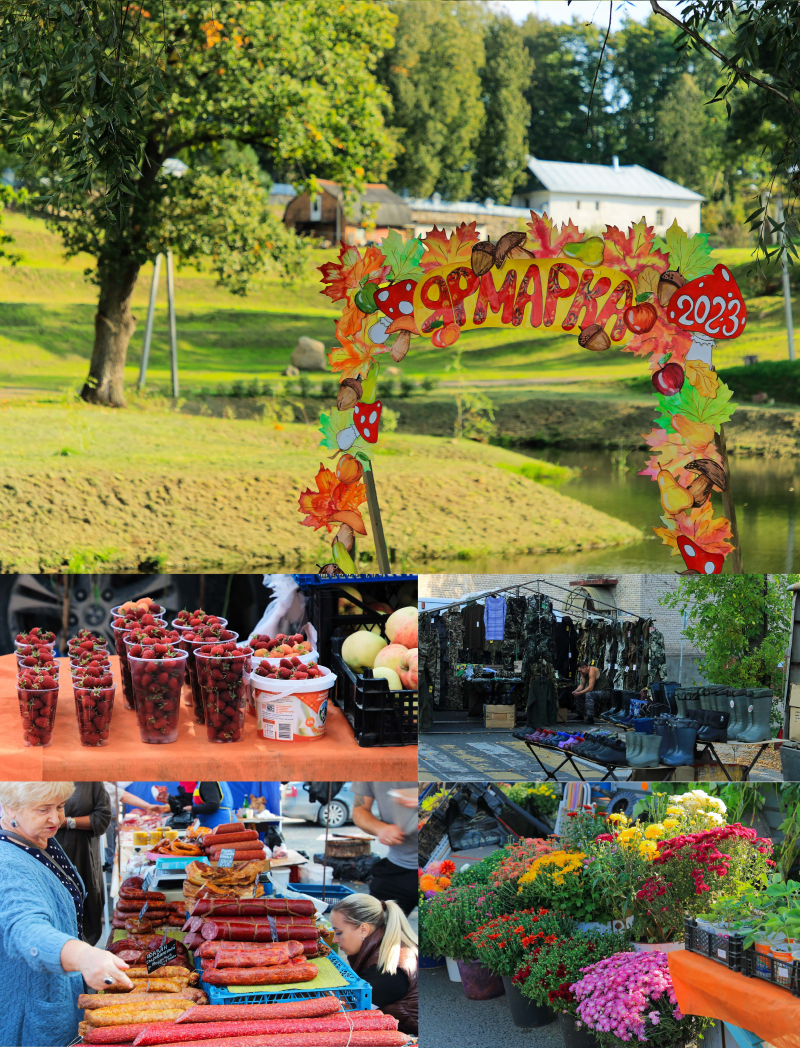 A collage of scenes at the Seasonal Yarmarka on Pushkinskaya Street. Top: a decoration of the Yarmarka photo arch; top left: berries and apples for sale; top right: hunting and fishing gear for sale; bottom right: a woman purchasing smoked sausages; bottom right: various flowers on display.